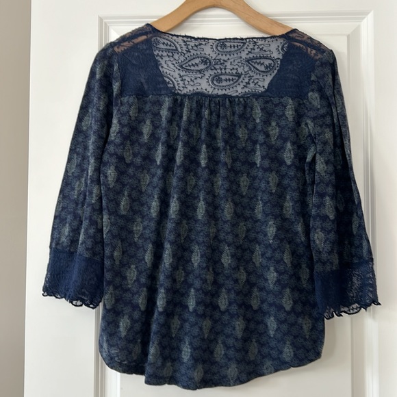 Lucky Brand Peasant Blouse w Sheer Mesh Lace Bodice & Sleeves Navy  & Sage Green - Picture 6 of 10